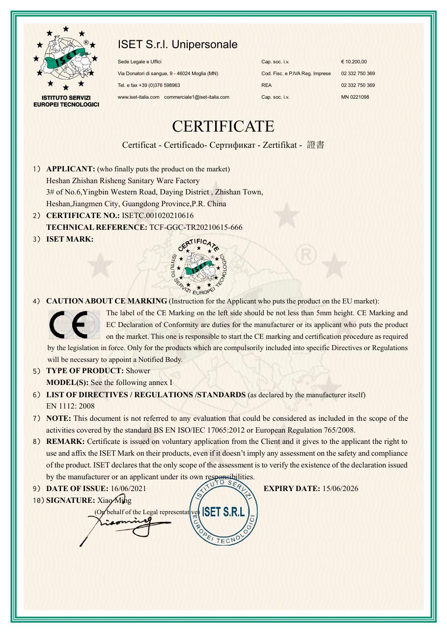 CE shower certification