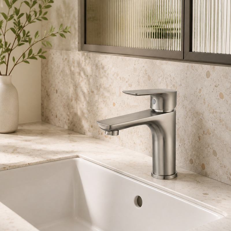 Single Handle Hot and Cold Basin Mixer Faucet in Brushed Stainless Steel