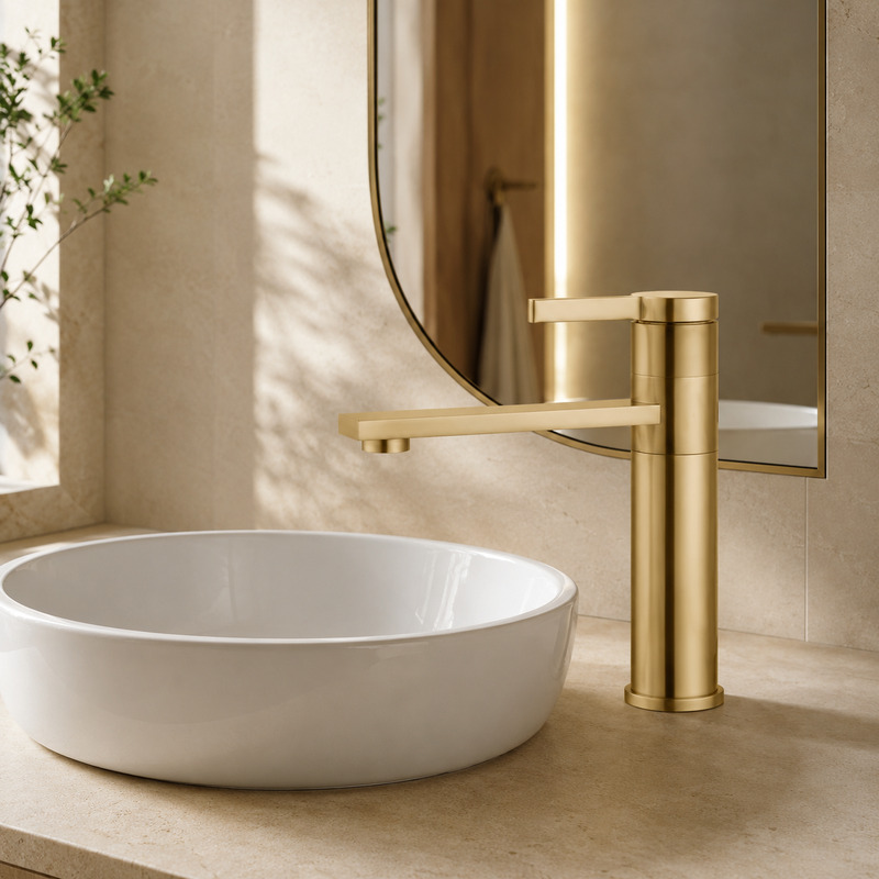 Single Handle Hot and Cold Basin Mixer Faucet in Brushed Gold