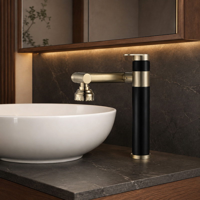 Single Handle Hot and Cold Basin Mixer Faucet in Black / Brushed Gold