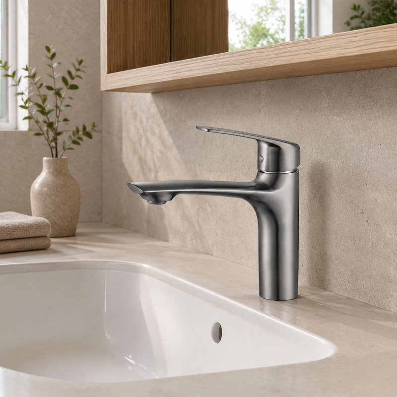Single Handle Hot and Cold Basin Mixer Faucet in Brushed Stainless Steel