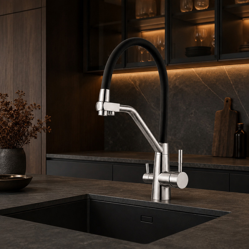 Single Handle Hot and Cold Kitchen Faucet in Brushed Stainless Steel / Black