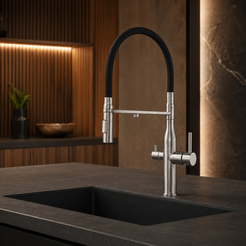 Single Handle Hot and Cold Kitchen Faucet in Brushed Stainless Steel / Black