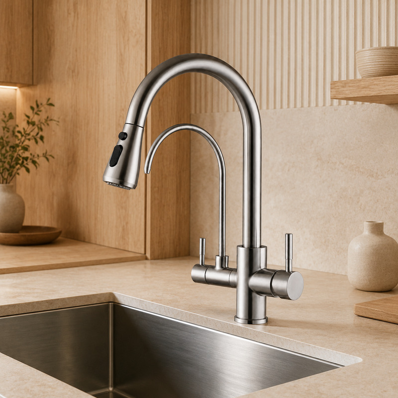 Single Handle Hot and Cold Kitchen Faucet in Brushed Stainless Steel