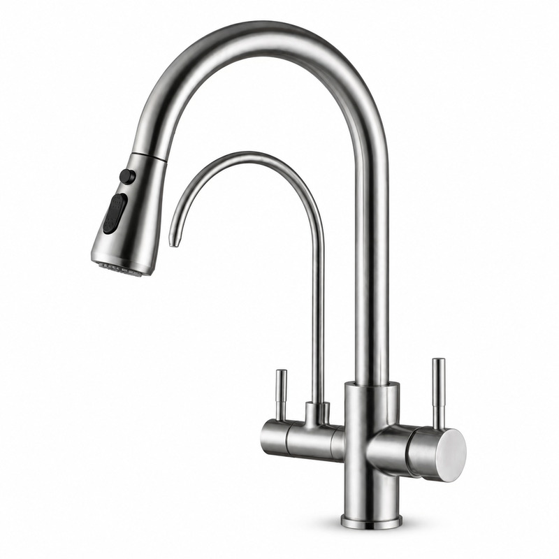 Single Handle Hot and Cold Kitchen Faucet on white background