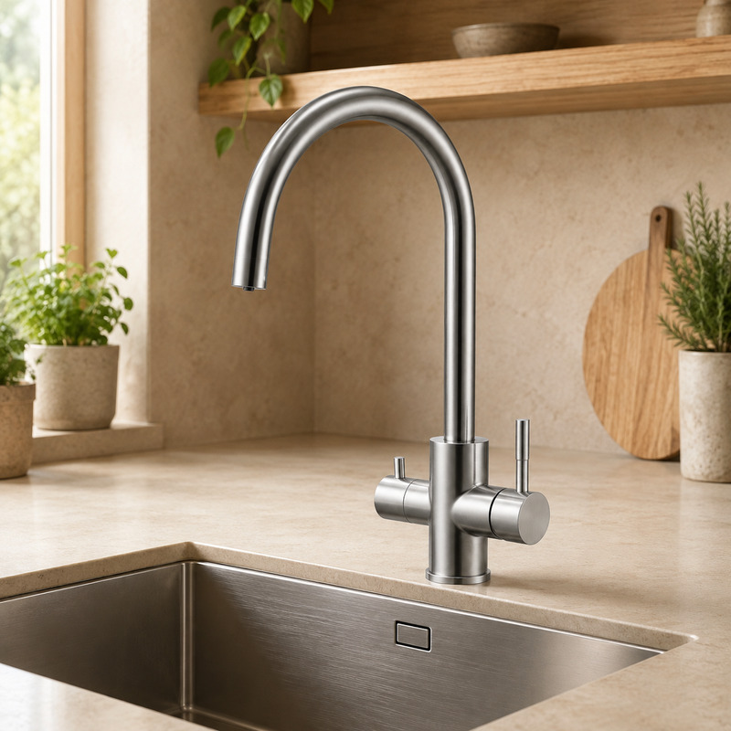 Single Handle Hot and Cold Kitchen Faucet in Brushed Stainless Steel