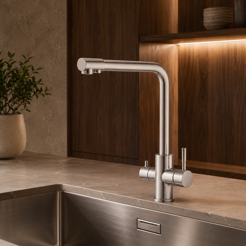 Single Handle Hot and Cold Kitchen Faucet in Brushed Stainless Steel