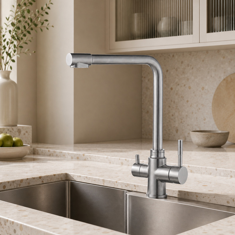 Single Handle Hot and Cold Kitchen Faucet in Brushed Stainless Steel