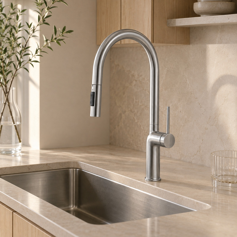 Single Handle Hot and Cold Kitchen Faucet in Brushed Stainless Steel
