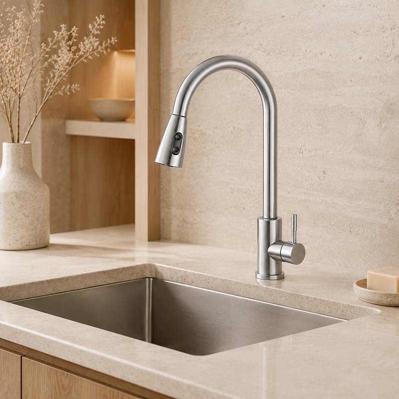 Single Handle Hot and Cold Kitchen Faucet in Brushed Stainless Steel