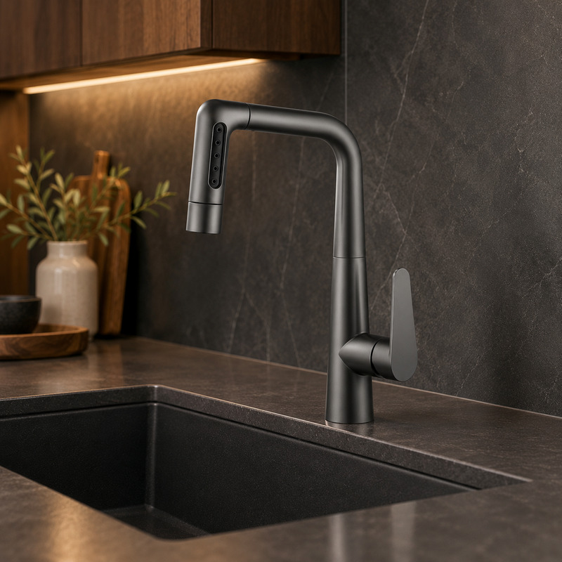 Single Handle Hot and Cold Kitchen Faucet in Gun Grey