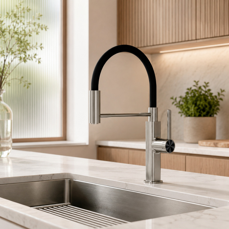 Single Handle Hot and Cold Kitchen Faucet in Brushed Stainless Steel / Black