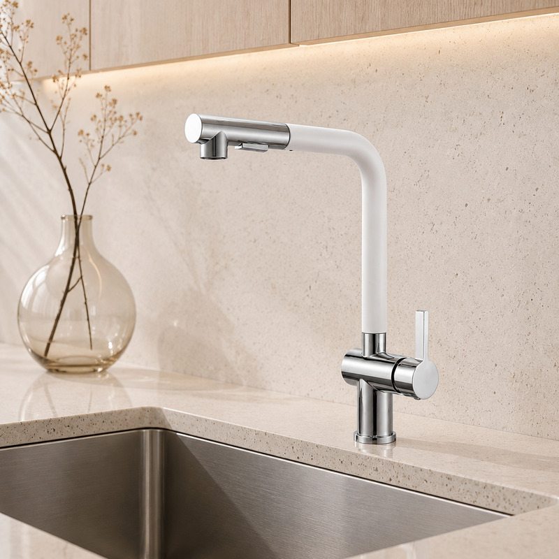 Single Handle Hot and Cold Kitchen Faucet in White / Chrome