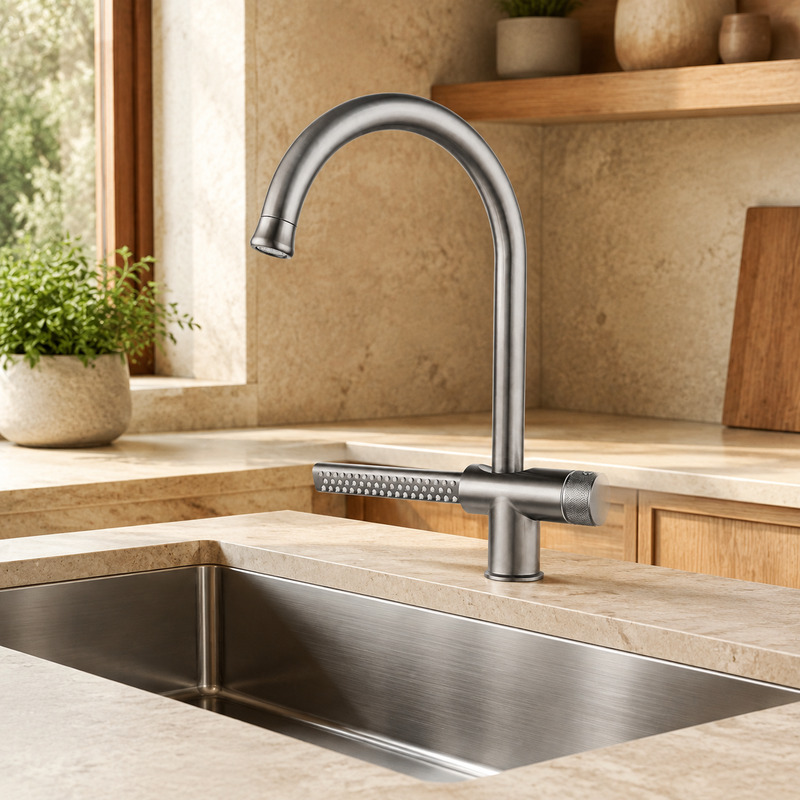 Single Handle Hot and Cold Kitchen Faucet in Brushed Stainless Steel