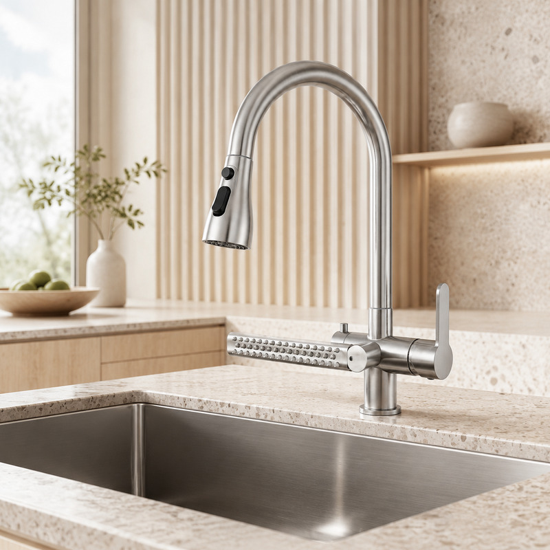 Single Handle Hot and Cold Kitchen Faucet in Brushed Stainless Steel