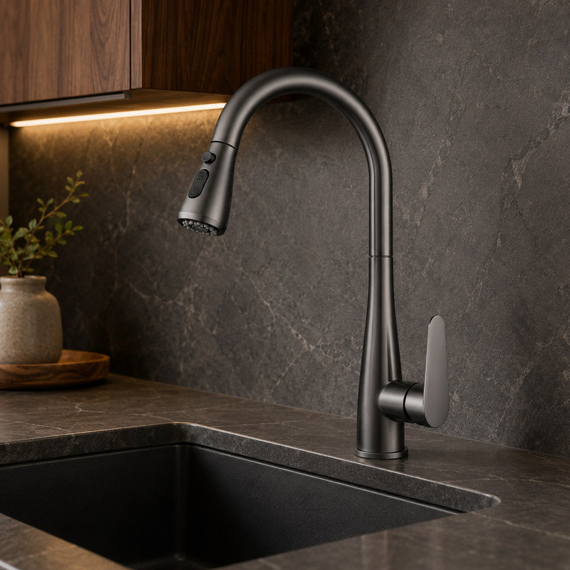 Risheng Gun Grey kitchen faucet in a modern kitchen setting