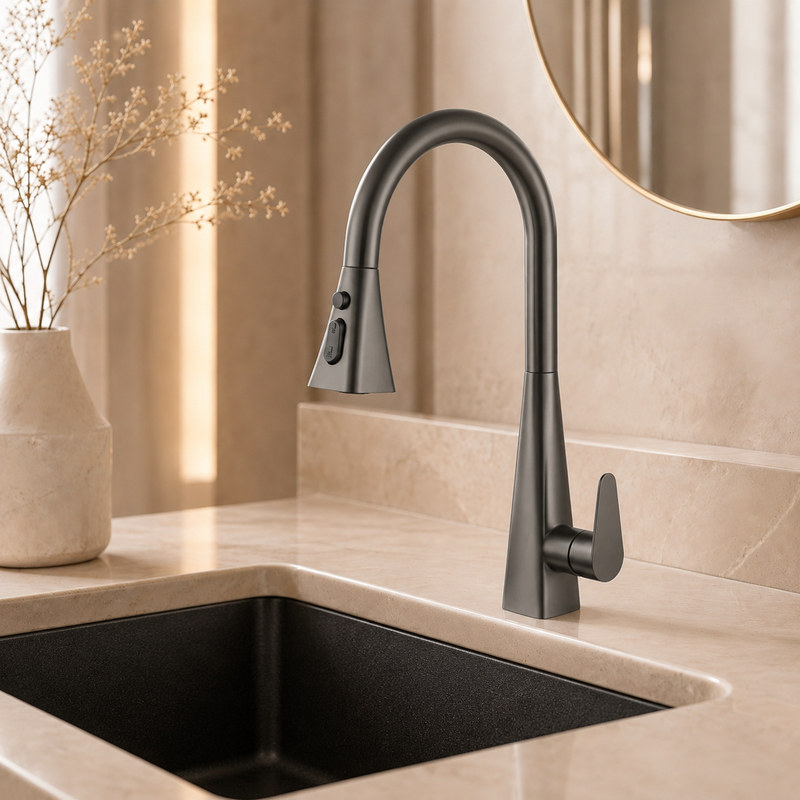 Single Handle Hot and Cold Kitchen Faucet in Gun Grey